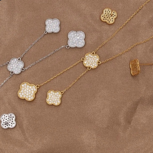 Gold Parisian Pave Clover Drop Set