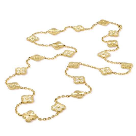 Gold Long Clover Vintage Pave & Laser Cut Necklace (925, Heavyweight)