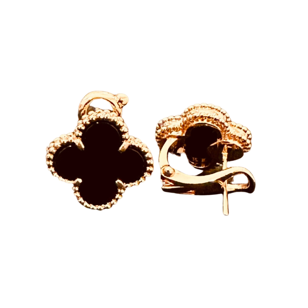 Rose Gold & Black Agate Clover Clip On Earring (925)