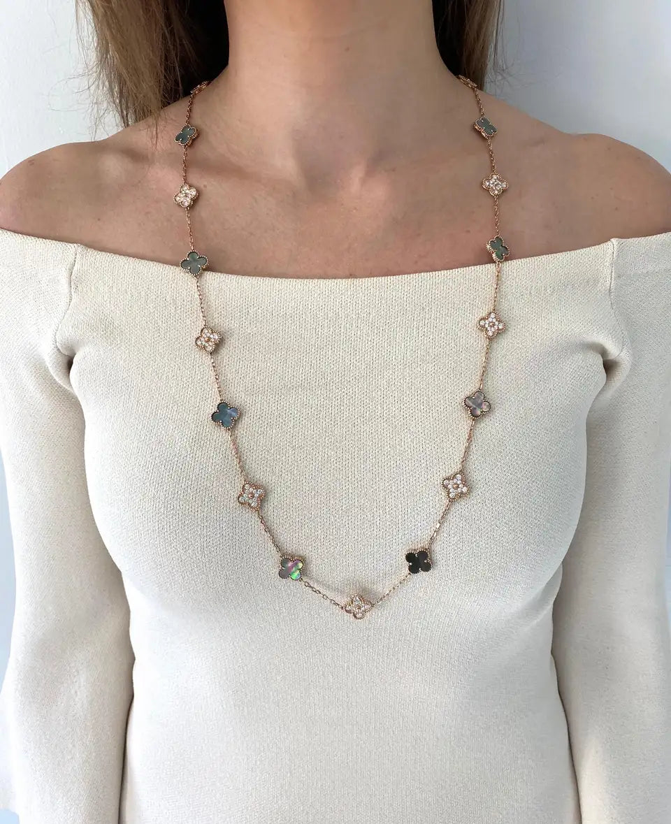 Gold & Grey Pearl Vintage Long Pave Clover Necklace(925)
