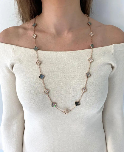 Gold & Grey Pearl Vintage Long Pave Clover Necklace(925)
