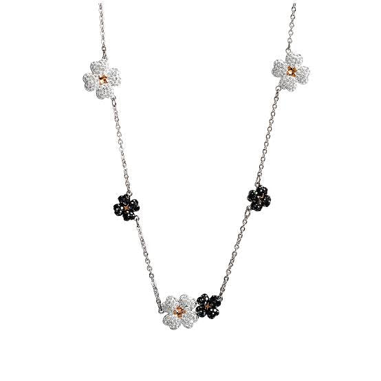 Silver Black & White Jet’aime Floral Necklace