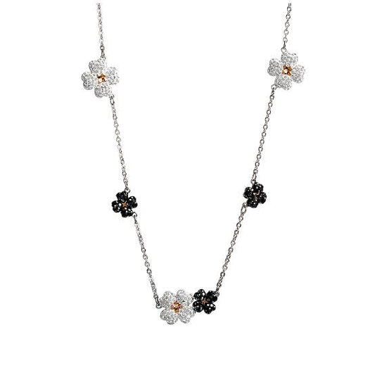 Silver Black & White Jet’aime Floral Necklace