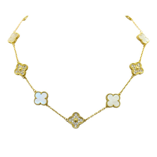 Gold & Pearl Clover Vintage Pave Necklace (925, 45cm)