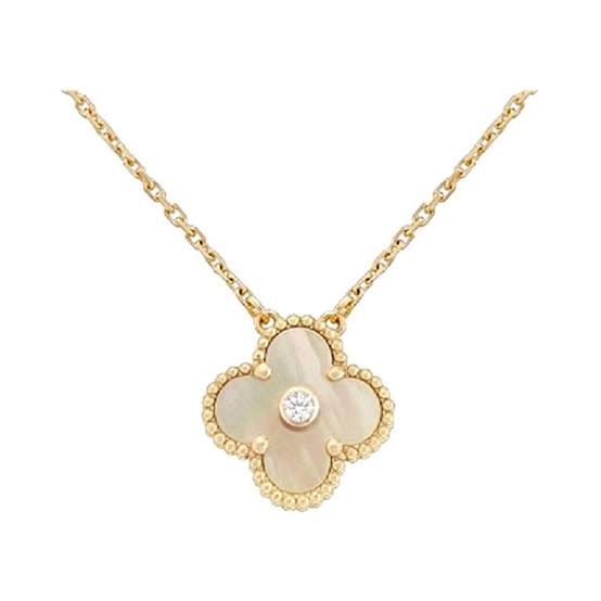 Gold & White Pearl Large Single Stone Clover Pendant  (925)