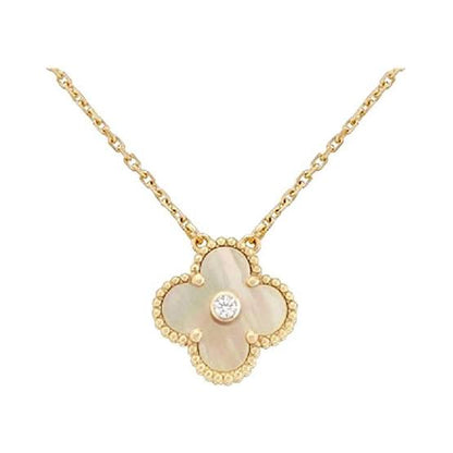 Gold & White Pearl Large Single Stone Clover Pendant  (925)