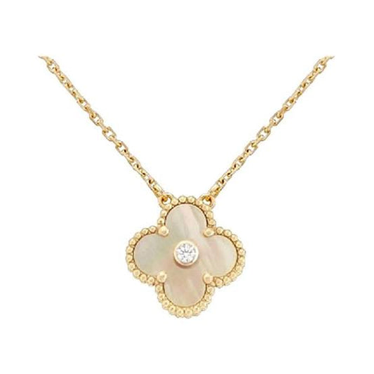 Gold & White Pearl Large Single Stone Clover Pendant  (925)