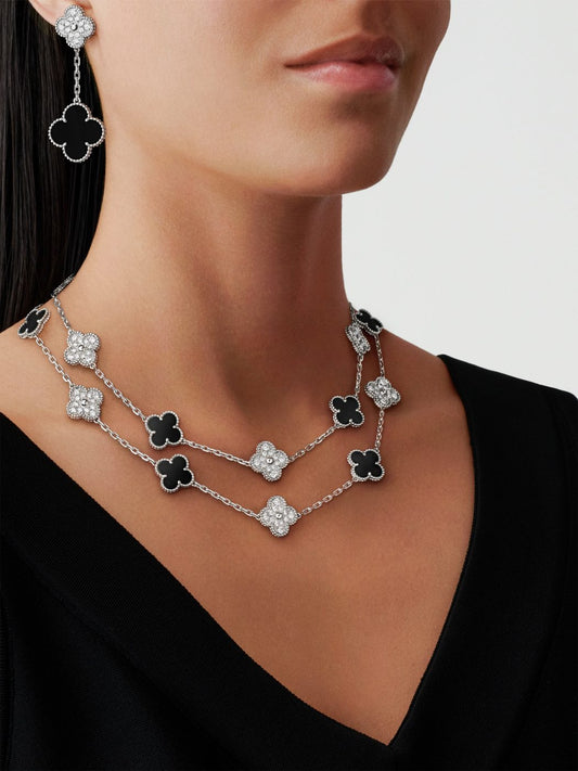 Black & Silver Long Vintage Pave  Clover Pave Necklace (925)