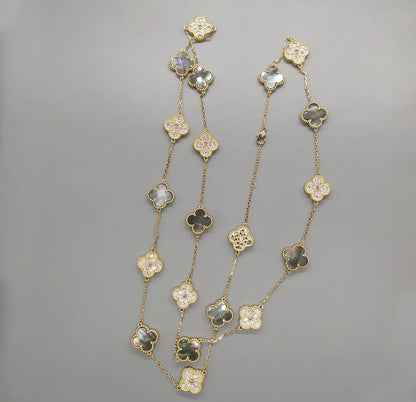 Gold & Grey Pearl Vintage Long Pave Clover Necklace(925)