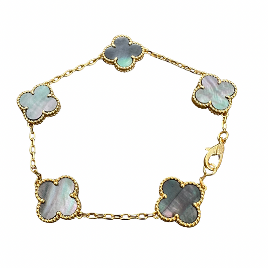Gold & Grey Pearl Clover Bracelet (925, Vermeil)