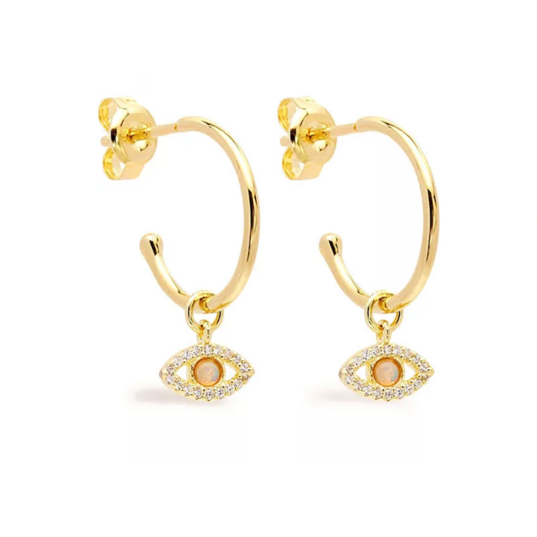 Gold Opal Evil Eye Huggie Earring