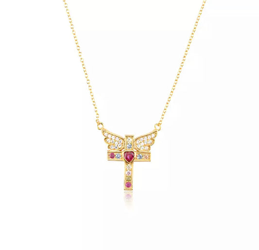 Gold Angel Wings Cross Necklace