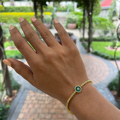 Gold Single Emblem Tennis Evil Eye Bracelet