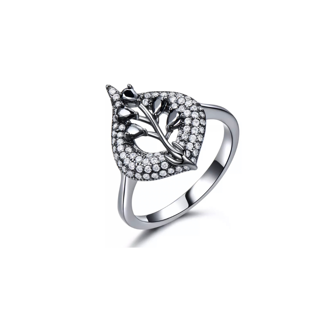 Obsidian Leaf Pave Ring