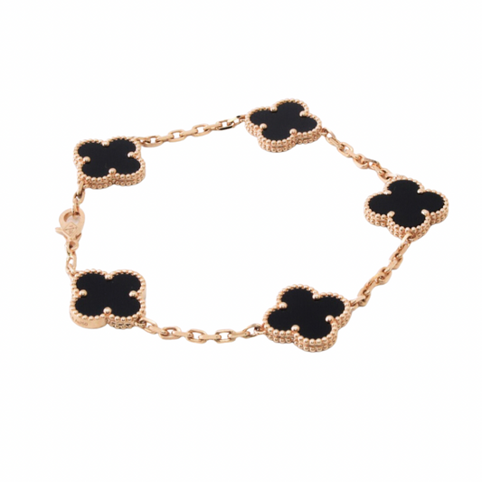Rose Gold & Black Agate Clover Bracelet (925)