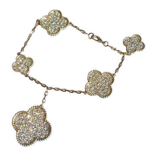 Gold Vintage Pave Clover Charm Drop Bracelet (925)