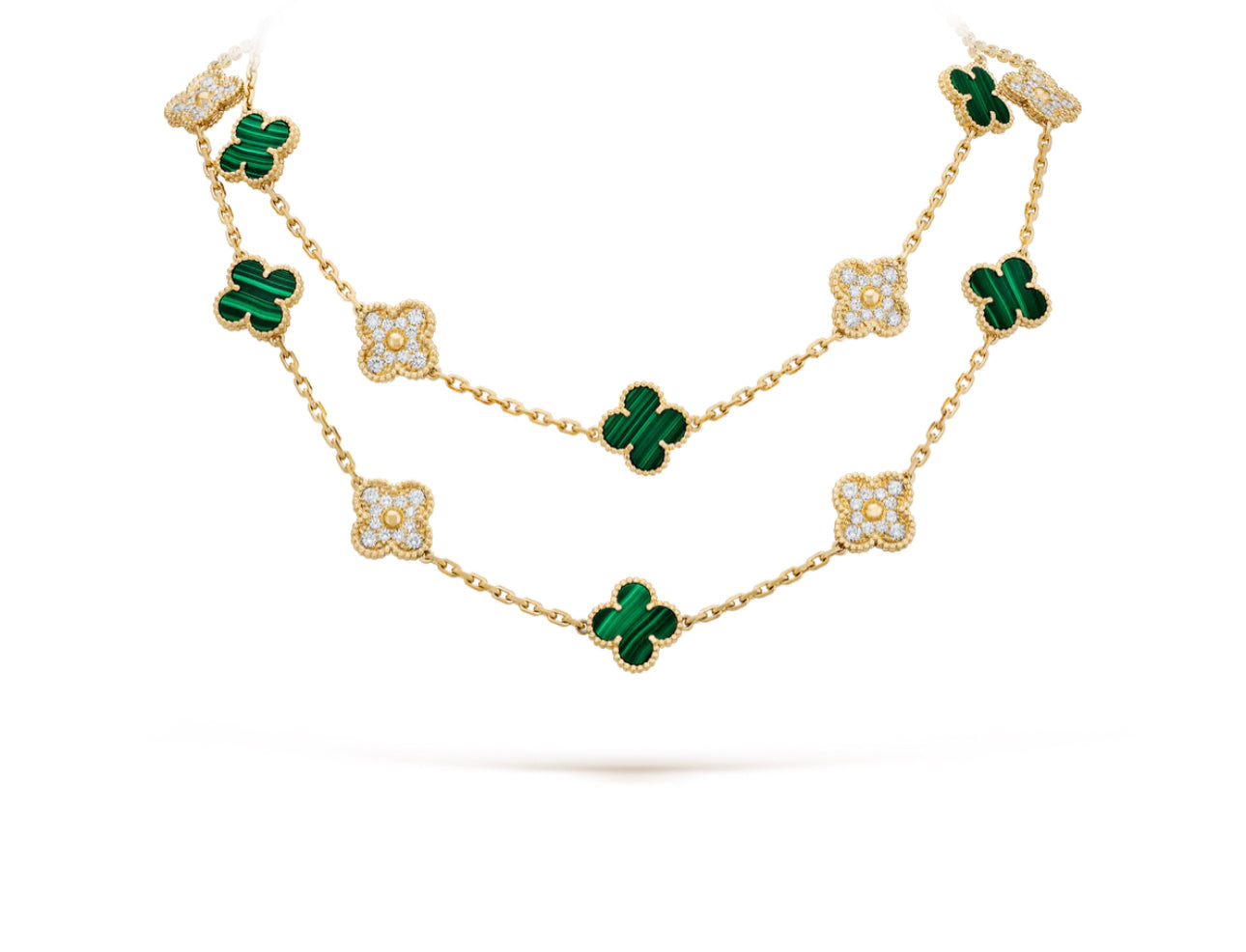 Gold & Green Vintage Long Pave Clover Necklace (925)