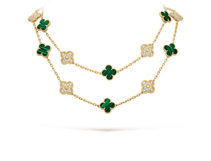 Gold & Green Vintage Long Pave Clover Necklace (925)