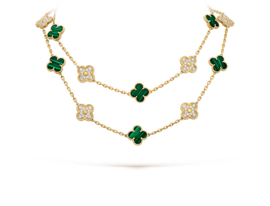Gold & Green Vintage Long Pave Clover Necklace (925)