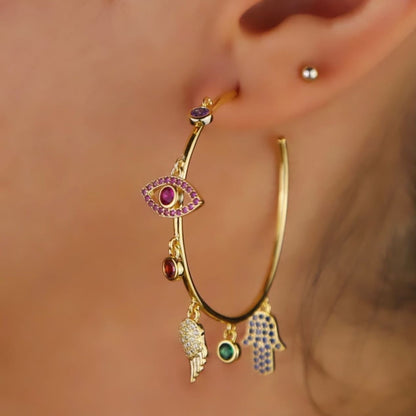 Gold Bohemian Evil Eye Charm Hoop Earring