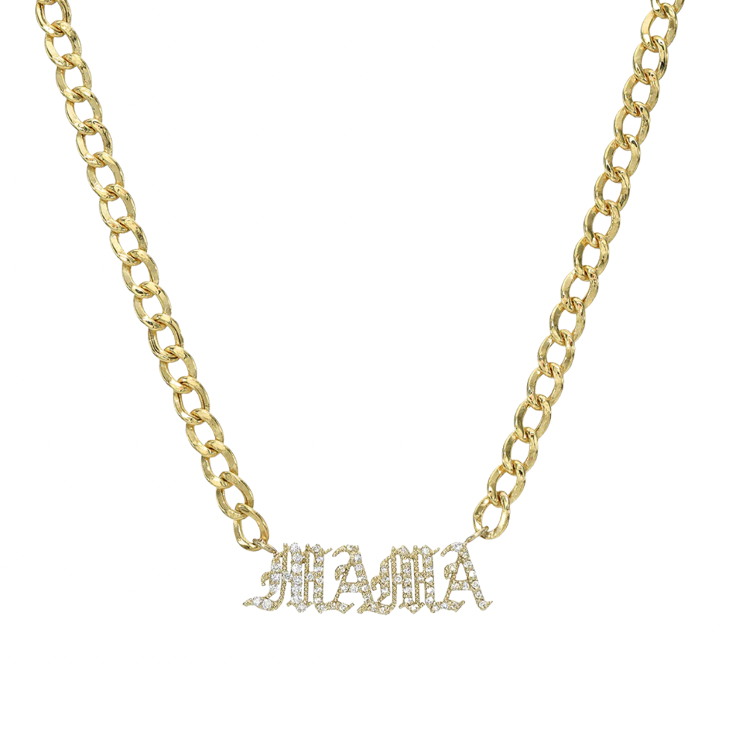 Cuban Pave Mama Nameplate Necklace (3mm)