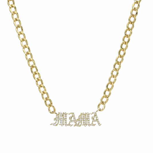 Cuban Pave Mama Nameplate Necklace (3mm)