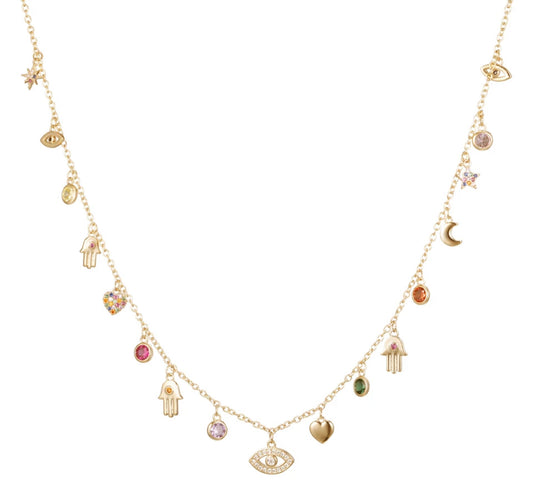 Gold Candy Sparkle Evil Eye Charm Necklace (Mix Metal)