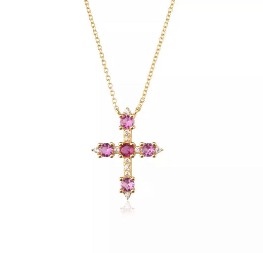 Gold Fuschia Cross Necklace