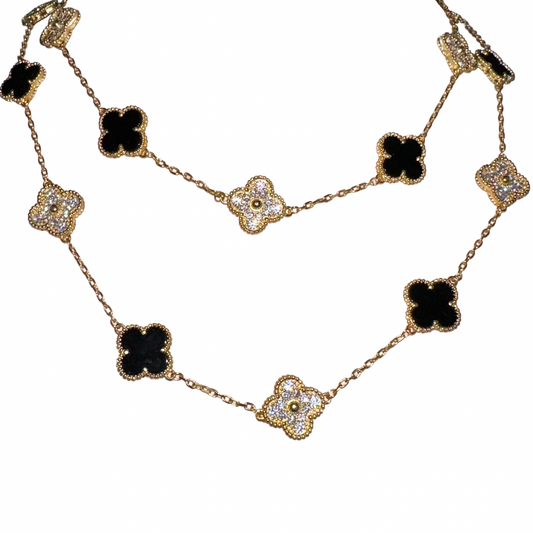 Black & Gold Vintage Long Pave Clover Necklace (925)