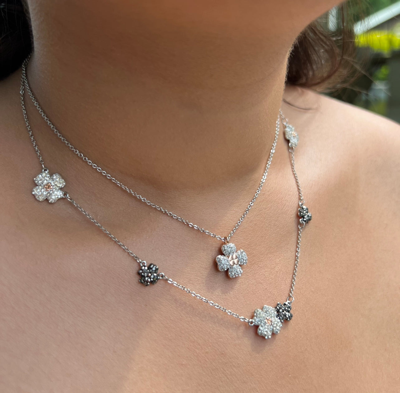 Silver Black & White Jet’aime Floral Necklace