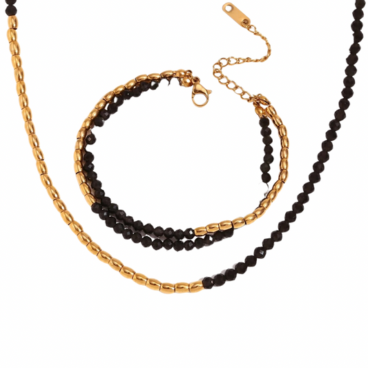 Black & Gold Obsidian Crystal Necklace & Bracelet Set