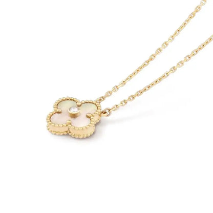 Gold & White Pearl Large Single Stone Clover Pendant  (925)