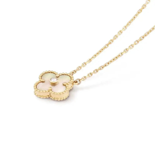 Gold & White Pearl Large Single Stone Clover Pendant  (925)