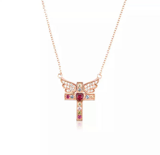 Rose Gold Angel Wings Cross Necklace