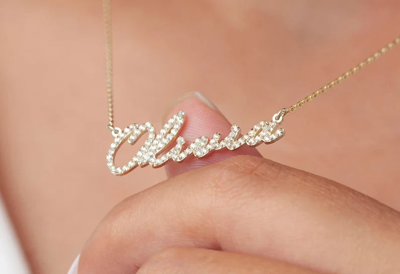 Personalised Charles & Colvard 18k Name Plate Moissanite Necklace