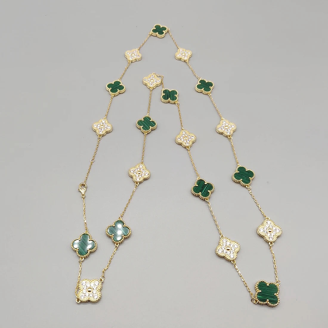 Gold & Green Vintage Long Pave Clover Necklace (925)