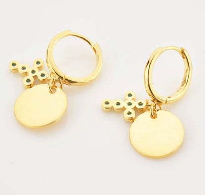 Gold Turquoise Disc Cross Earring