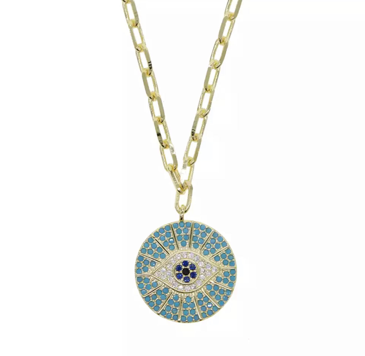Turquoise Disc Evil Eye Necklace