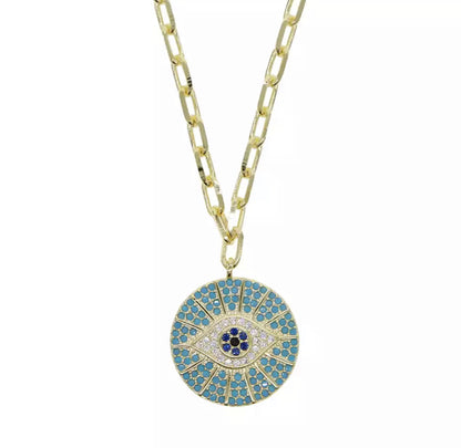 Turquoise Disc Evil Eye Necklace
