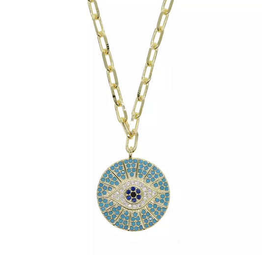 Turquoise Disc Evil Eye Necklace