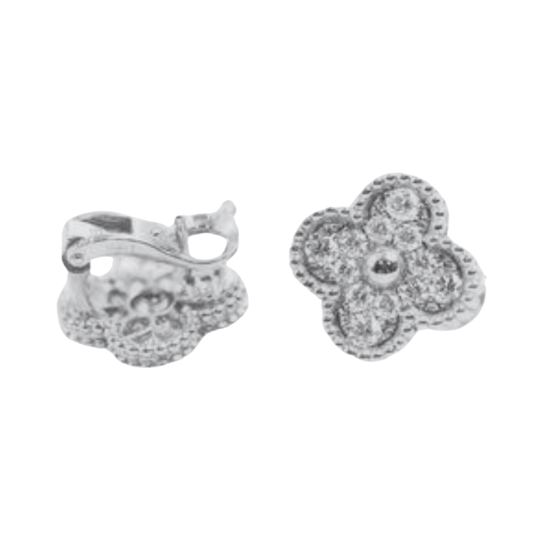Full Silver Vintage Pave Clover Clip On Earring (925)