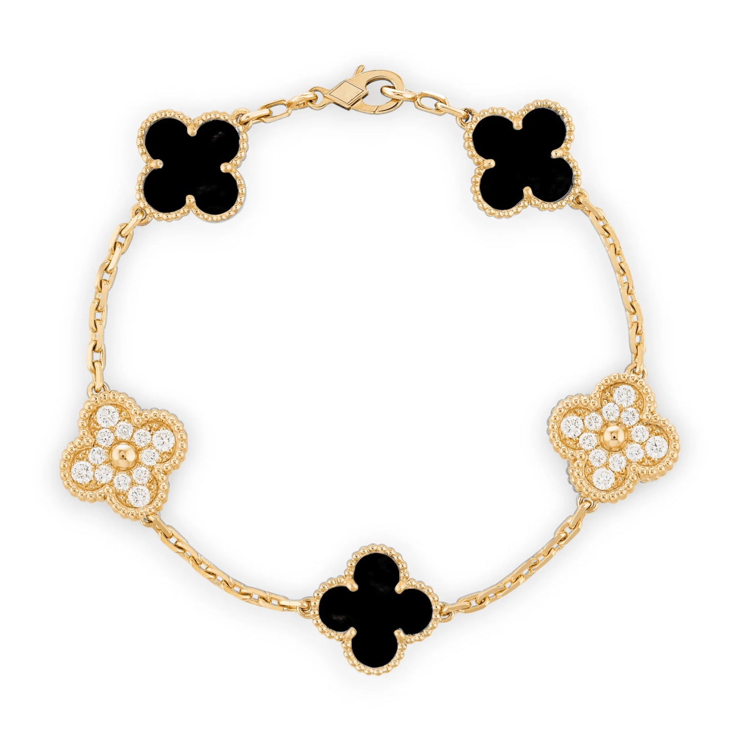 Black & Gold  Vintage Gold & Black Agate Clover Bracelet (925)
