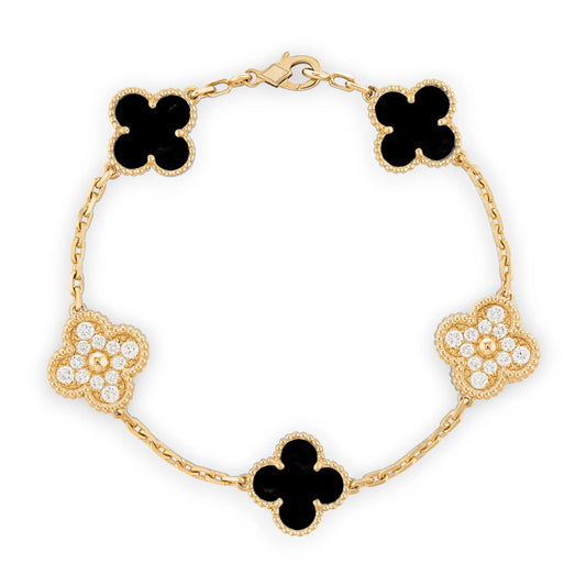 Black & Gold  Vintage Gold & Black Agate Clover Bracelet (925)