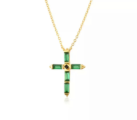 Emerald Baguette Cross Necklace