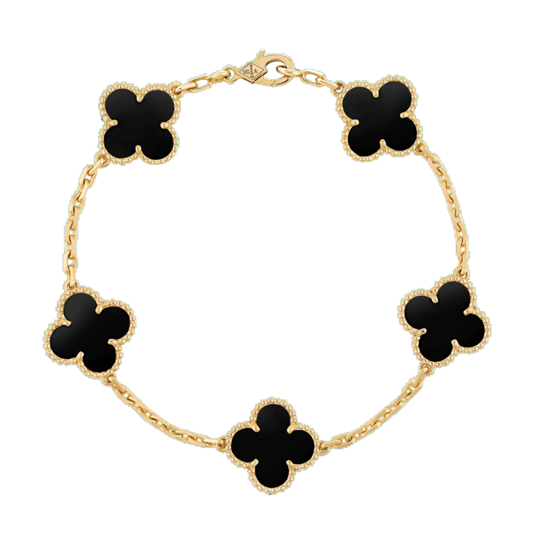 Black & Gold Agate Clover Bracelet (925, Vermeil)