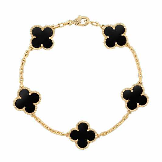 Black & Gold Agate Clover Bracelet (925, Vermeil)