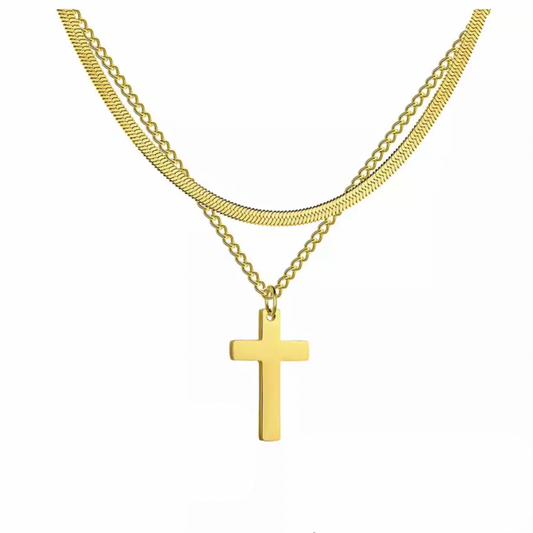 Double Layer Herringbone Cross Necklace