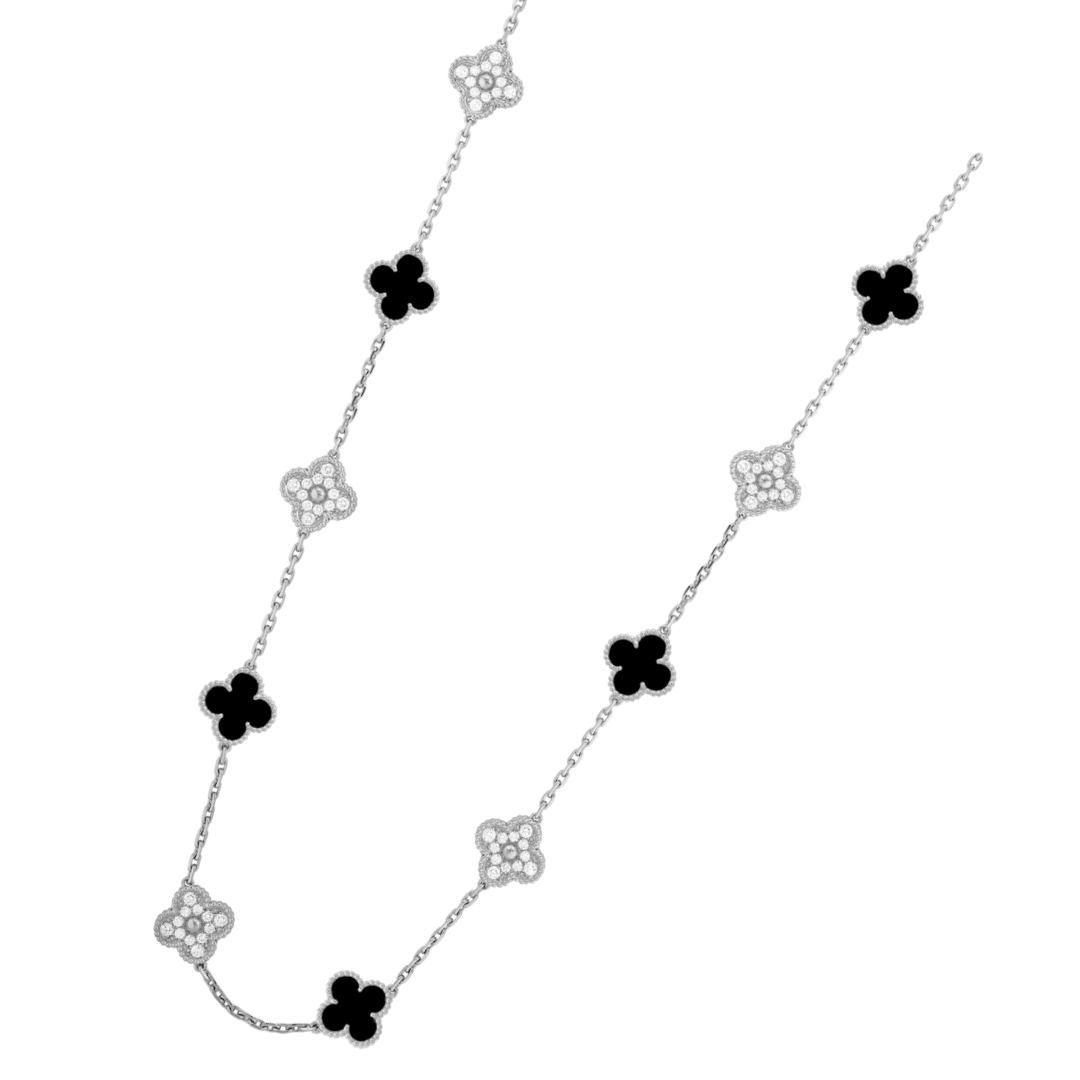 Black & Silver Long Vintage Pave  Clover Pave Necklace (925)