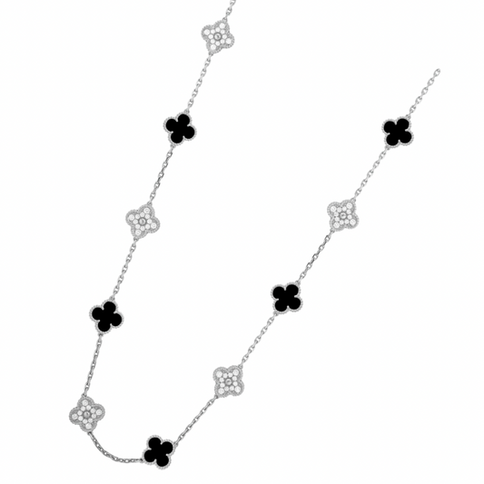 Black & Silver Long Vintage Pave  Clover Pave Necklace (925)