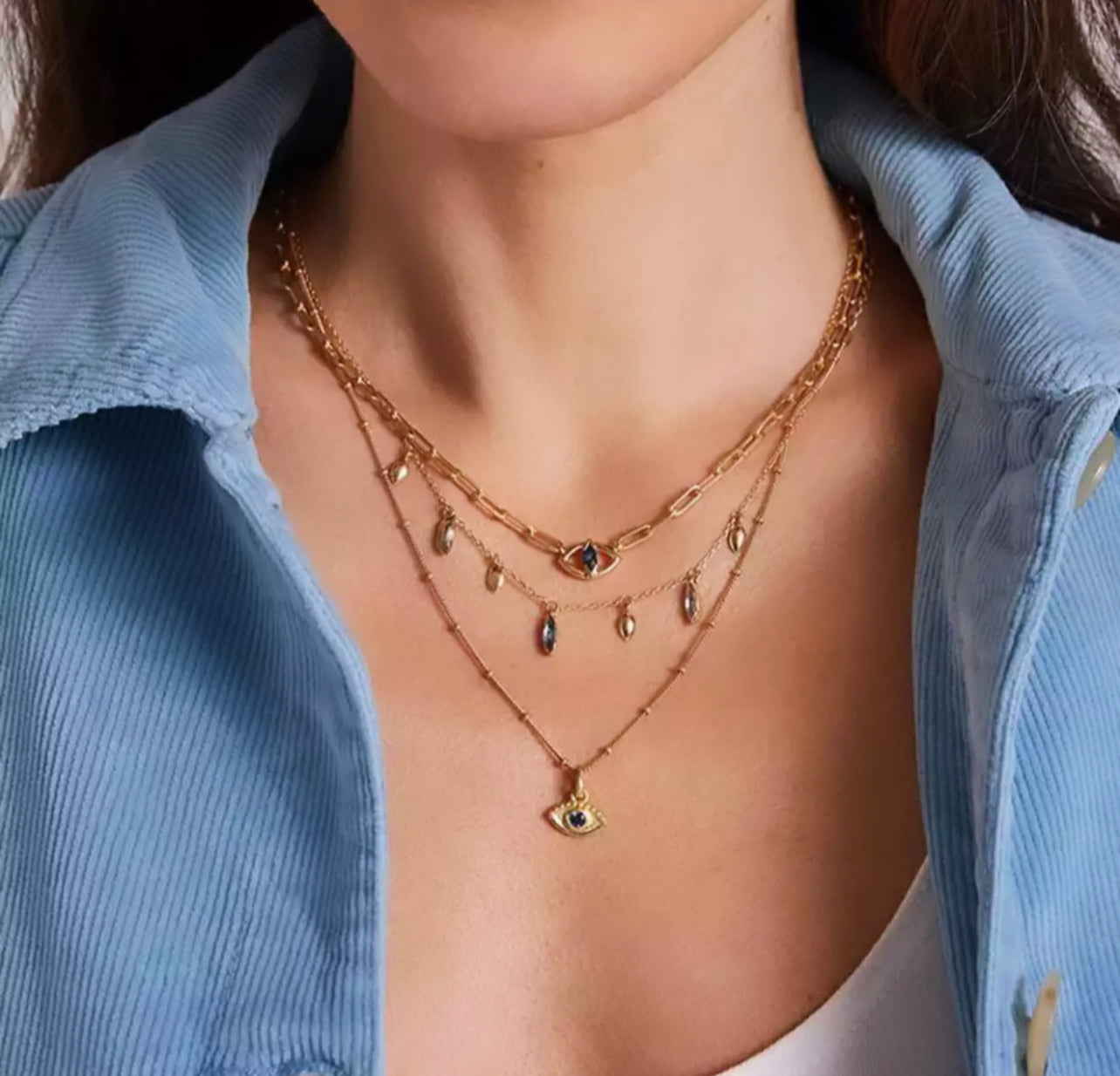 Gold Antiqua Paperclip Evil Eye Necklace